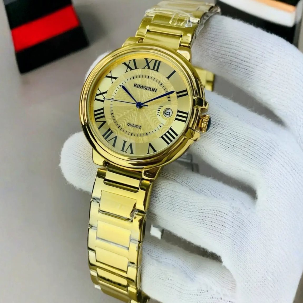 KIMSDUN Gold Stainless Steel Wrist Watch for Men - Roman Dial Quartz Watch with Date Display